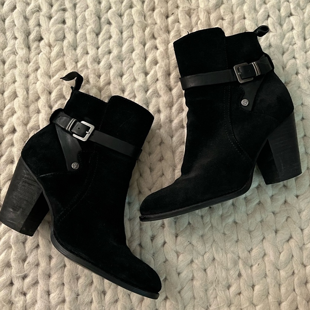 Black suede belted stacked chunky heel Ivanka Trump booties